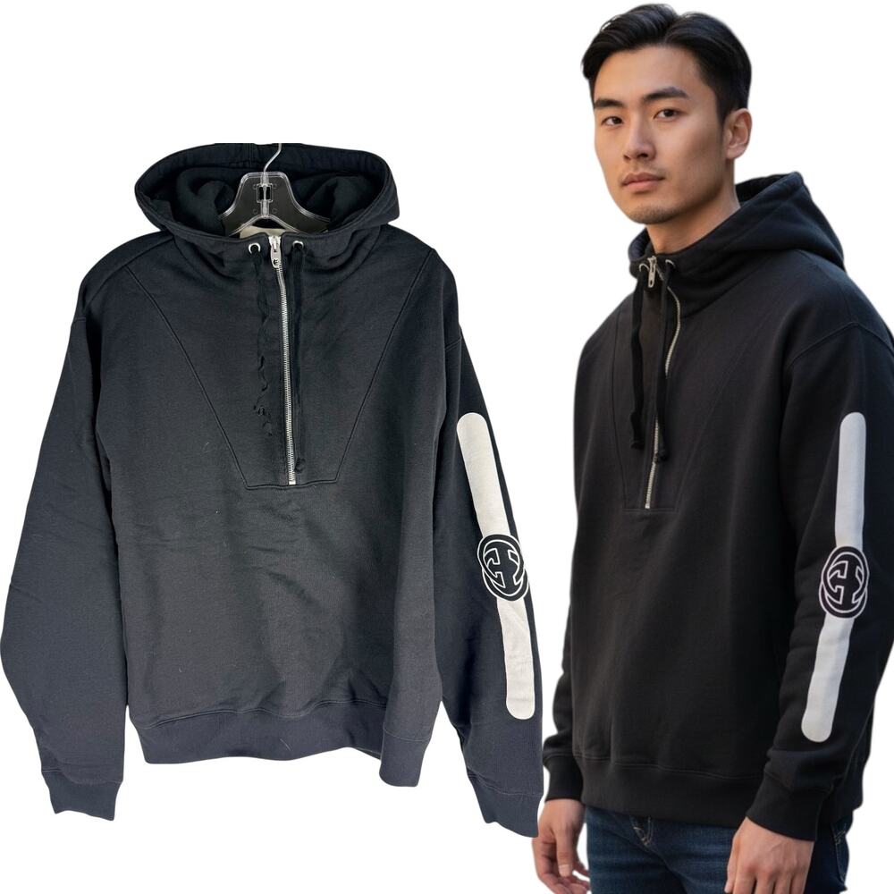 Gucci Half Zip Popover Interlocking GG Hoodie Black Size Small